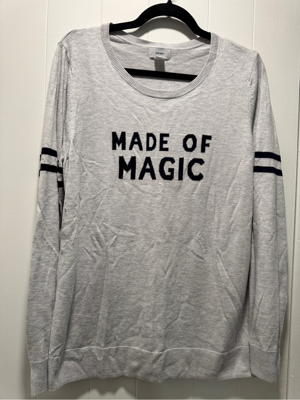 Old Navy Light Gray 'Made of Magic' Crewneck Lightweight Sweater w/Navy Stripes